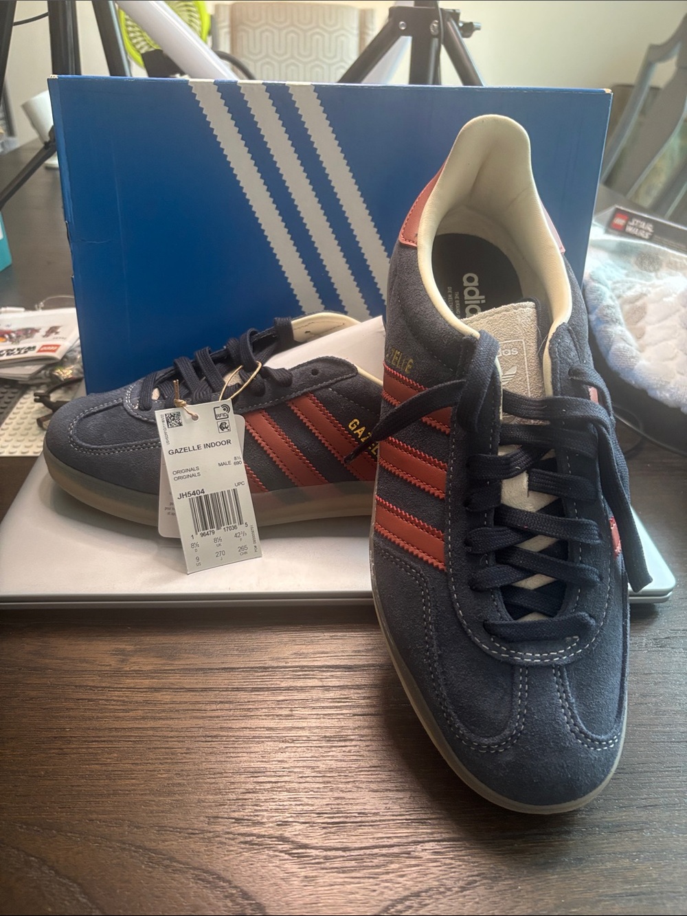 adidas Gazelle Indoor Navy Suede Sneakers with Orange Stripes